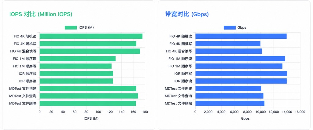 FIO / IOR / MDTest 性能测试结果柱状图：IOPS 与带宽对比